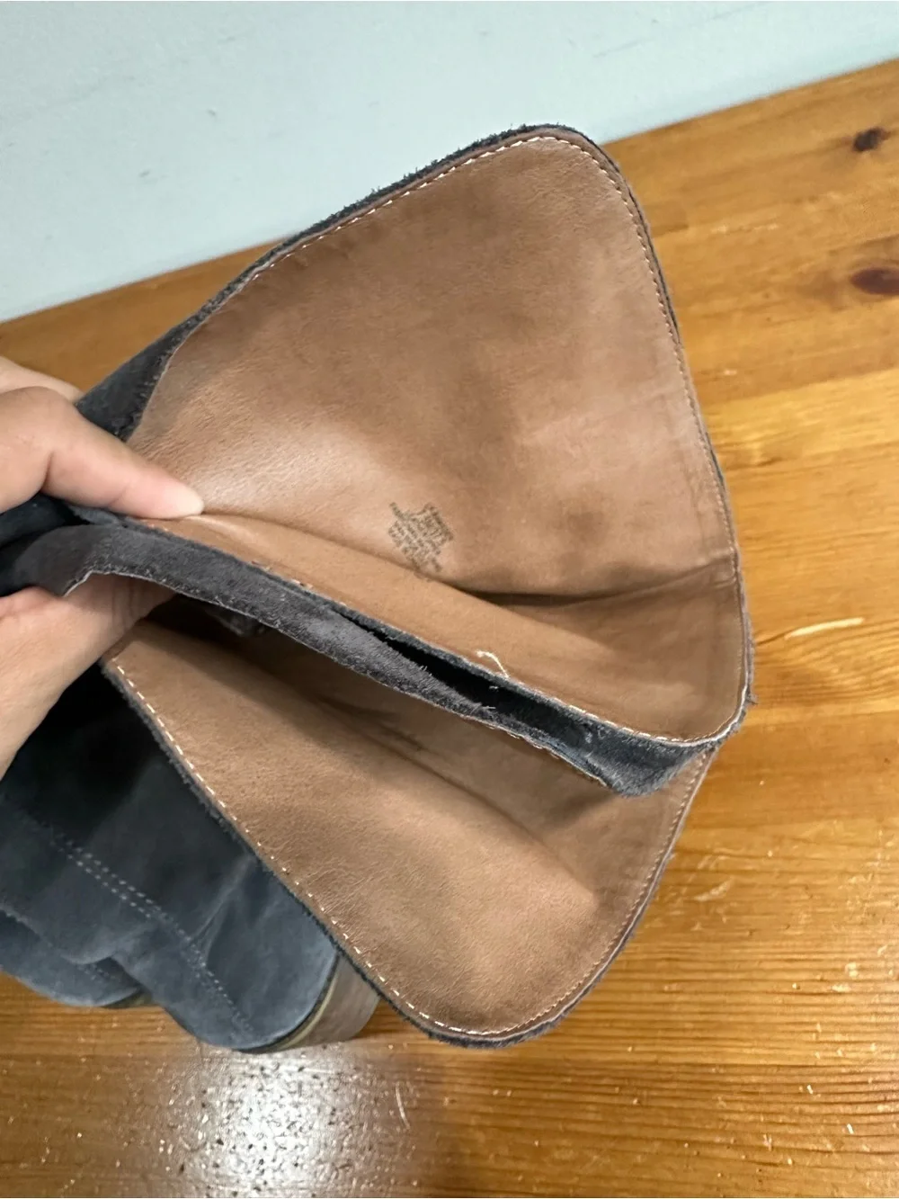Lucky Brand Tall Over-the-Knee Suede Boots in Dark Gray with Brown Heel Accents